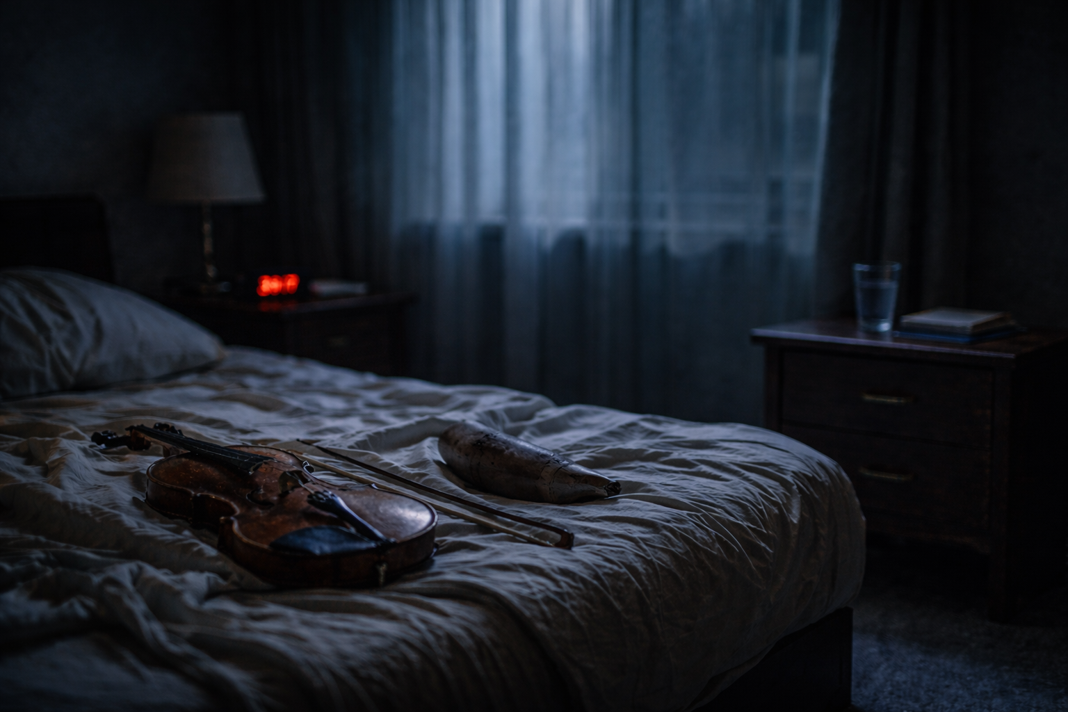 A worn violin resting on an unmade bed at night, lit by moonlight, with a digital clock showing 3:17 a.m., evoking insomnia, restraint, and unresolved longing.